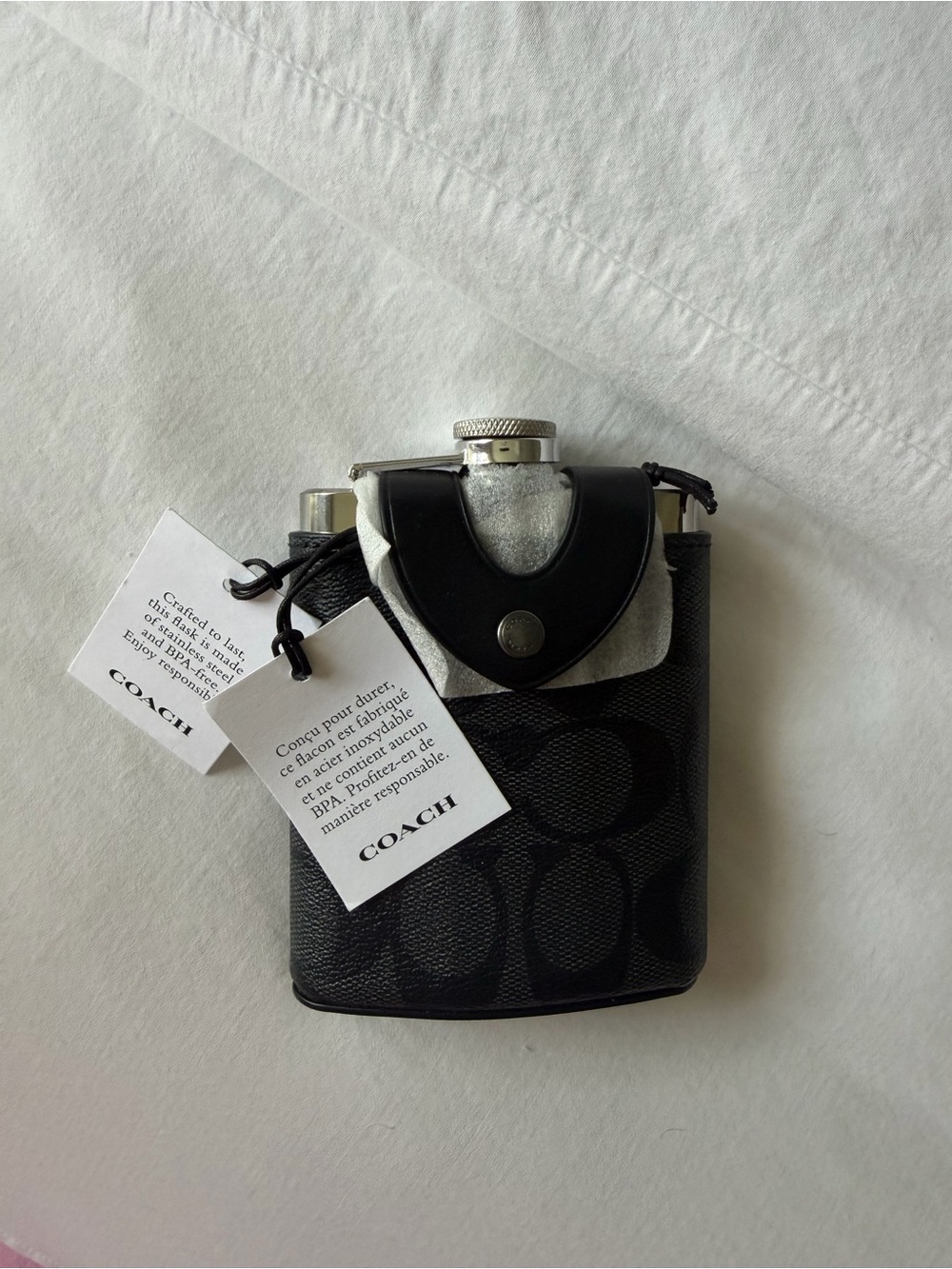 Coach Black Signature Canvas Hip Flask Pouch with Silver Flask